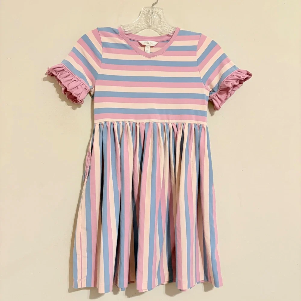 Matilda Jane Girls Emery Pink Blue Striped Ruffle Sleeve Dress Size 10 32005D